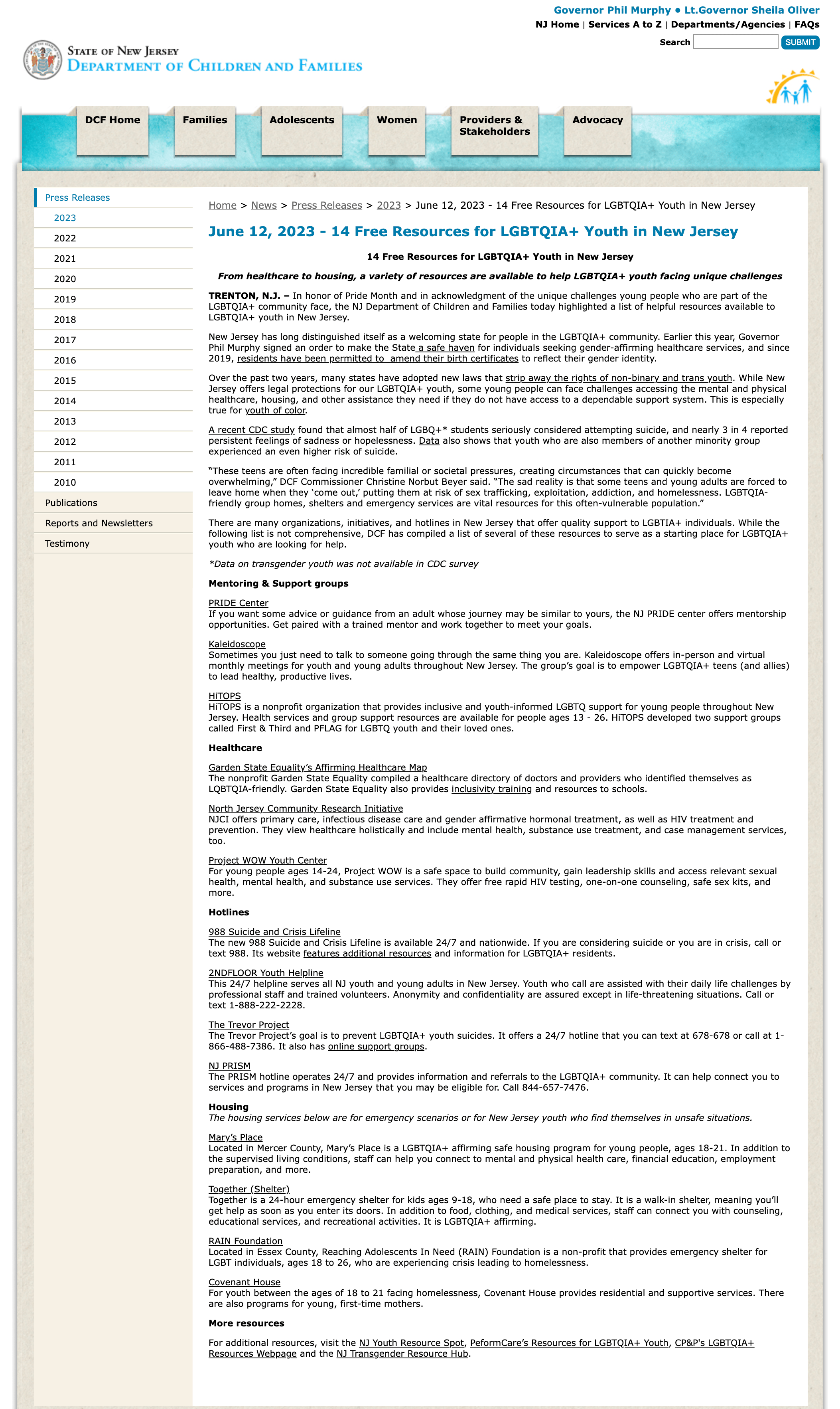 LGBTQIA-Blog Screenshot of the State of New Jersey's Department of Children and Families titled 14 Free Resources of LGBTQIA+ Youth in New Jersey